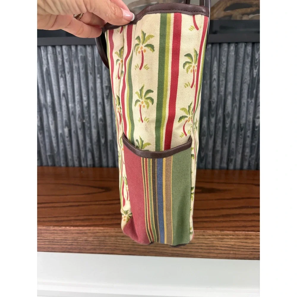Braciano Tropical Palm‎ Tree Stripe Canvas Tote Bag Wood Circle Handle Green Red
